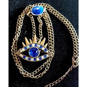 Evil Eye Necklace Antique Brass Tone Blue Rhinestones  and White AB Stones